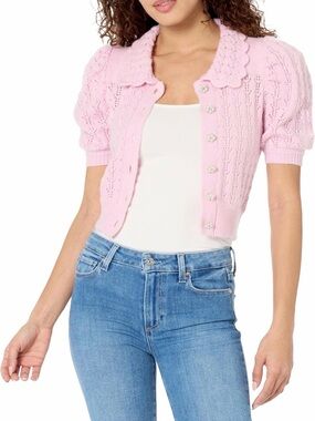 ASTR Pink short sleeve sweaterCrochet Collar Knit Cardigan - Women's Sweater